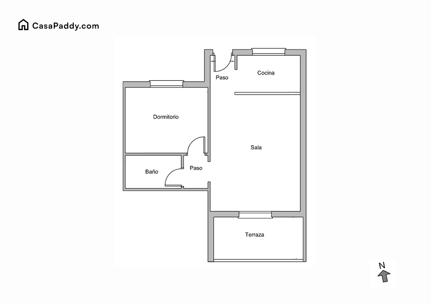 Floor plan showing one-bedroom apartment layout with living area, kitchen, bathroom, and terrace